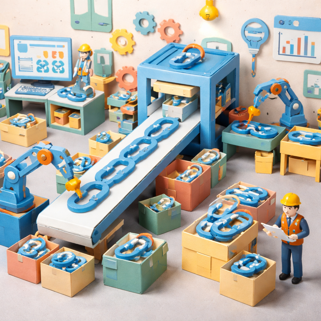 A papercraft scene of a factory line producing link icons, alt: scaling backlink building service workflow