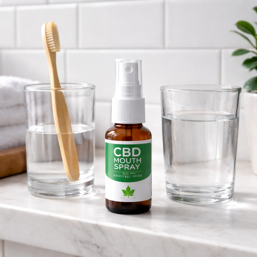 daily oral care setup with CBD mouth spray