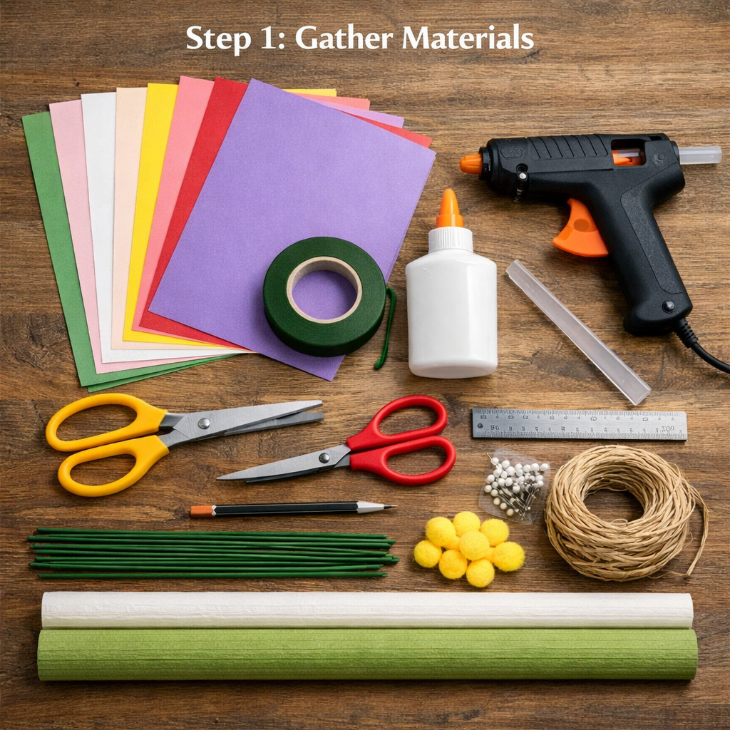 DIY paper flower bouquet tutorial step 1: gather materials