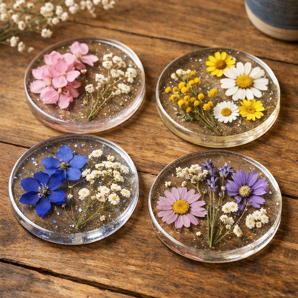 Four completed resin coasters with dried flowers, perfect for beginner resin art projects.