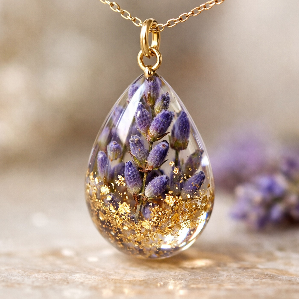 Finished resin pendant with dried flowers, a beginner jewelry project.