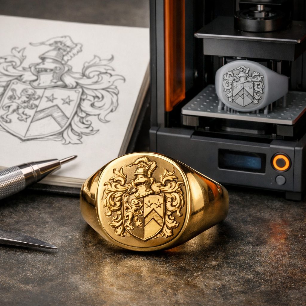 Finished 3D modeled signet ring design for jewelry 3D printing online course