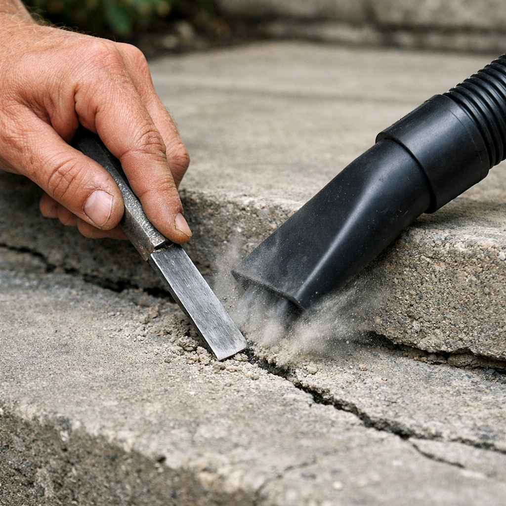 cleaning a cracked concrete patio step.
