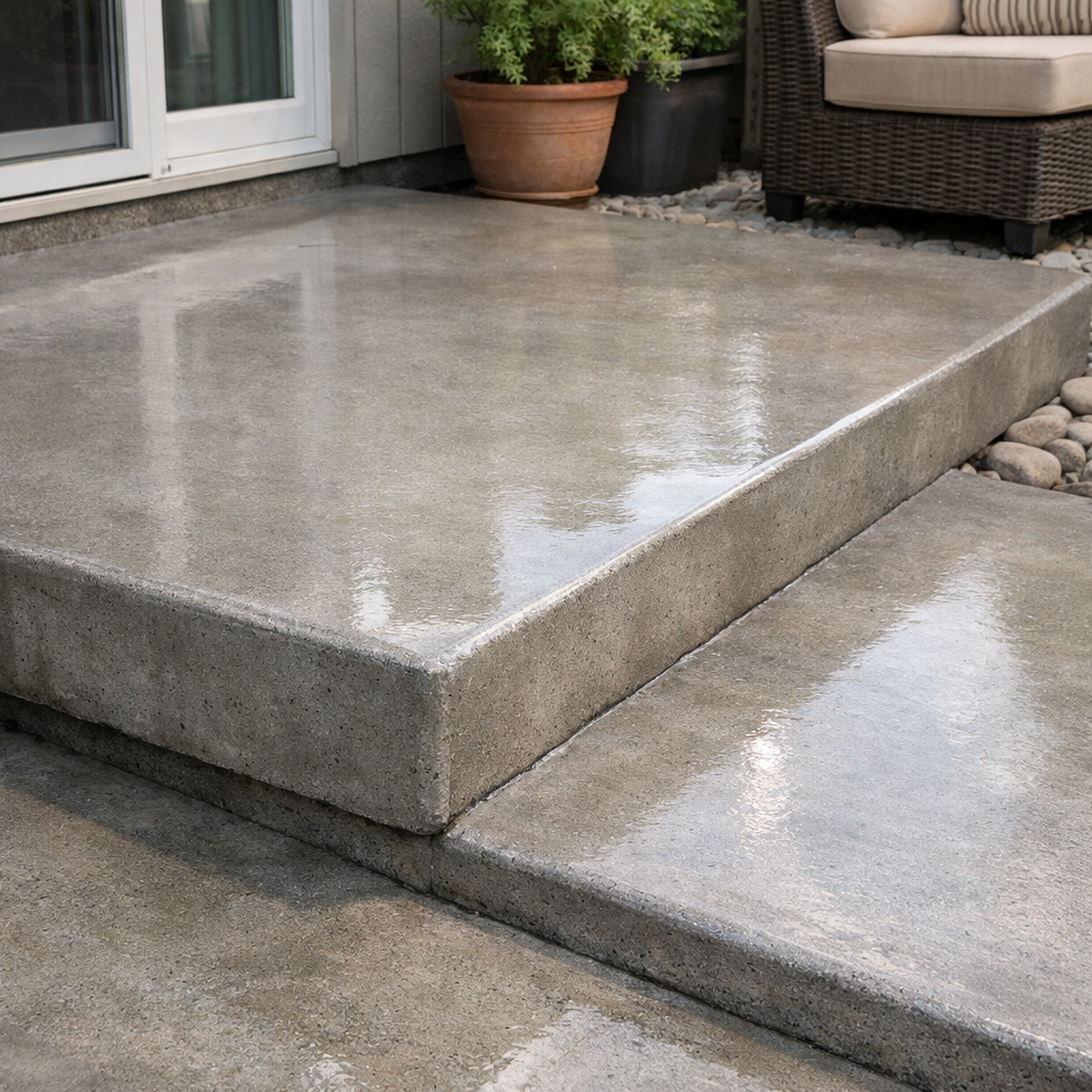 finished concrete patio step after repair.