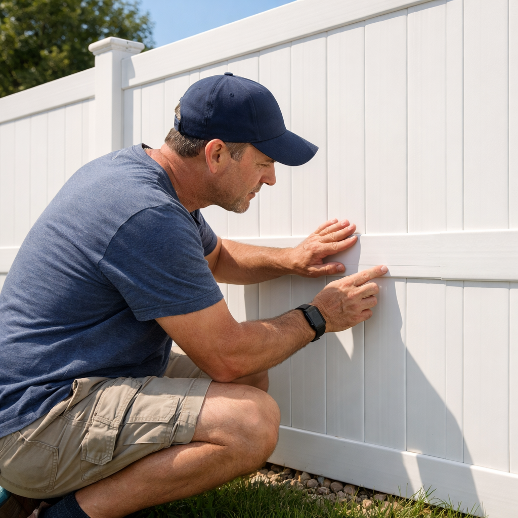 homeowner inspecting repaired vinyl fence board