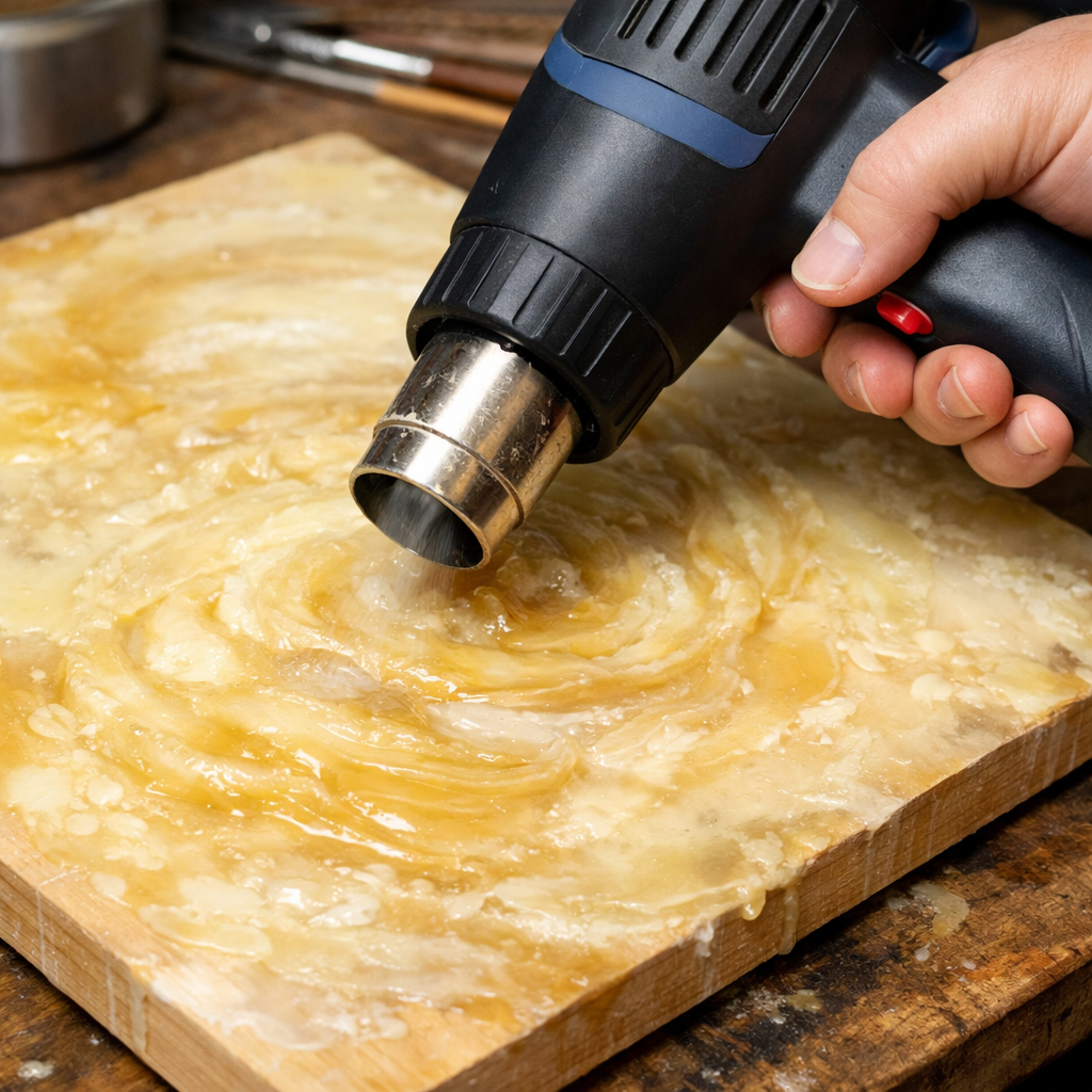 Beginning encaustic painting with heat gun and wax on a wooden panel.
