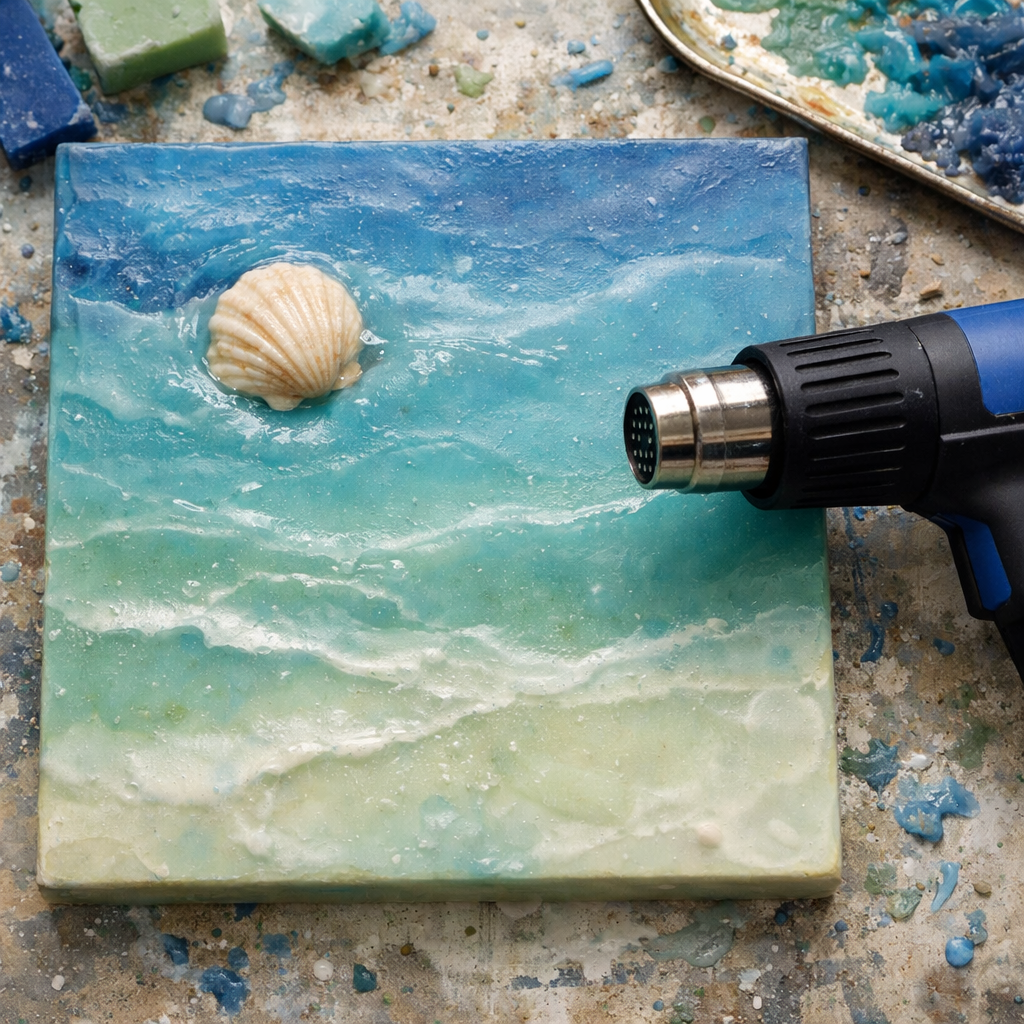 Layered encaustic painting with shell embedding and a heat gun.