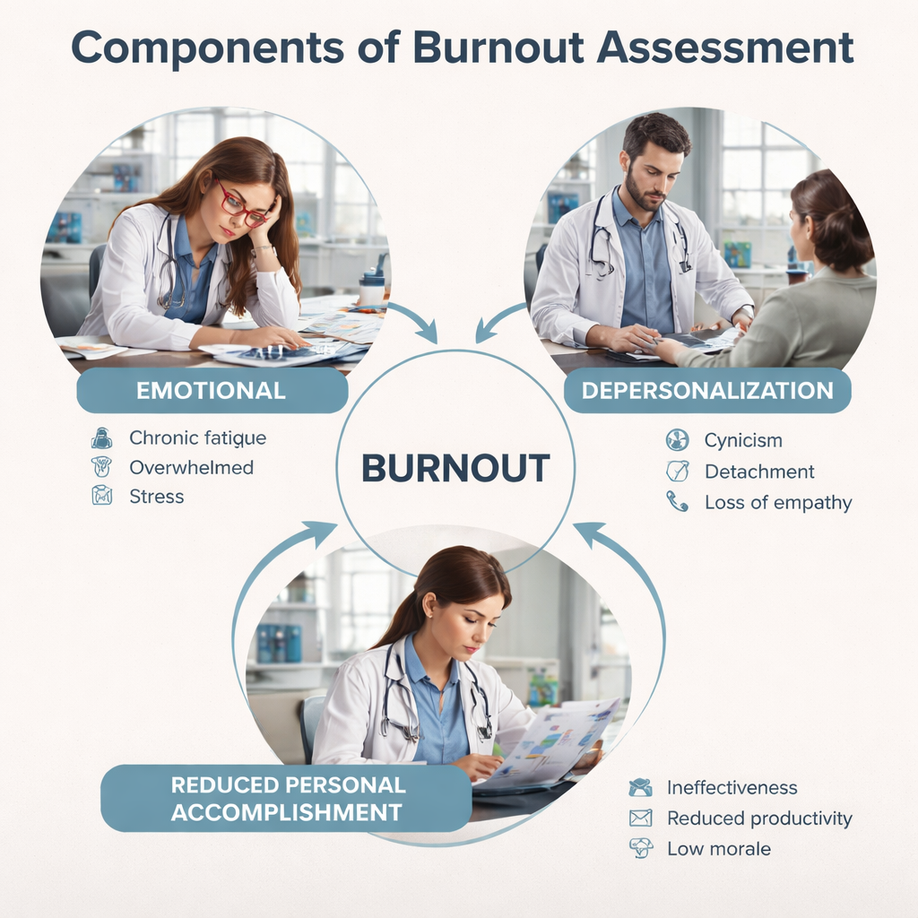 burnout self assessment questionnaire components showing three core dimensions of workplace burnout syndrome