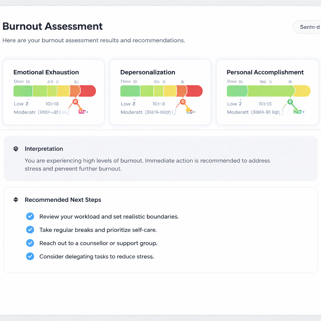 burnout self assessment questionnaire scoring dashboard showing three-dimensional results with actionable recommendations