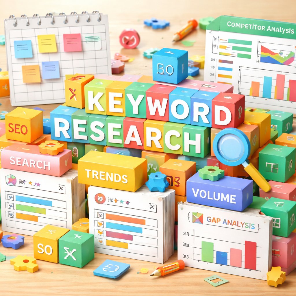 SEO content calendar keyword research and gap analysis workflow visualization.
