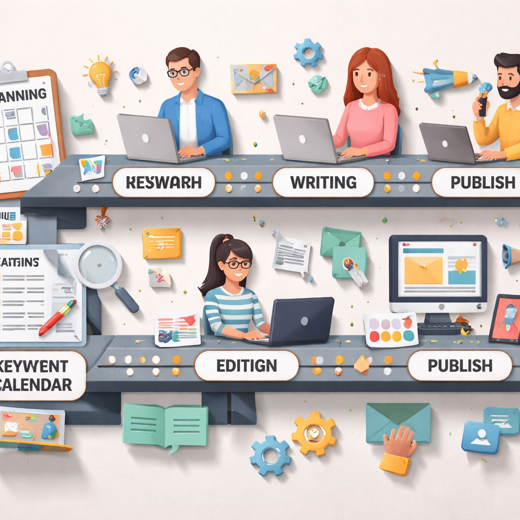 SEO content calendar workflow structure and team collaboration process visualization.