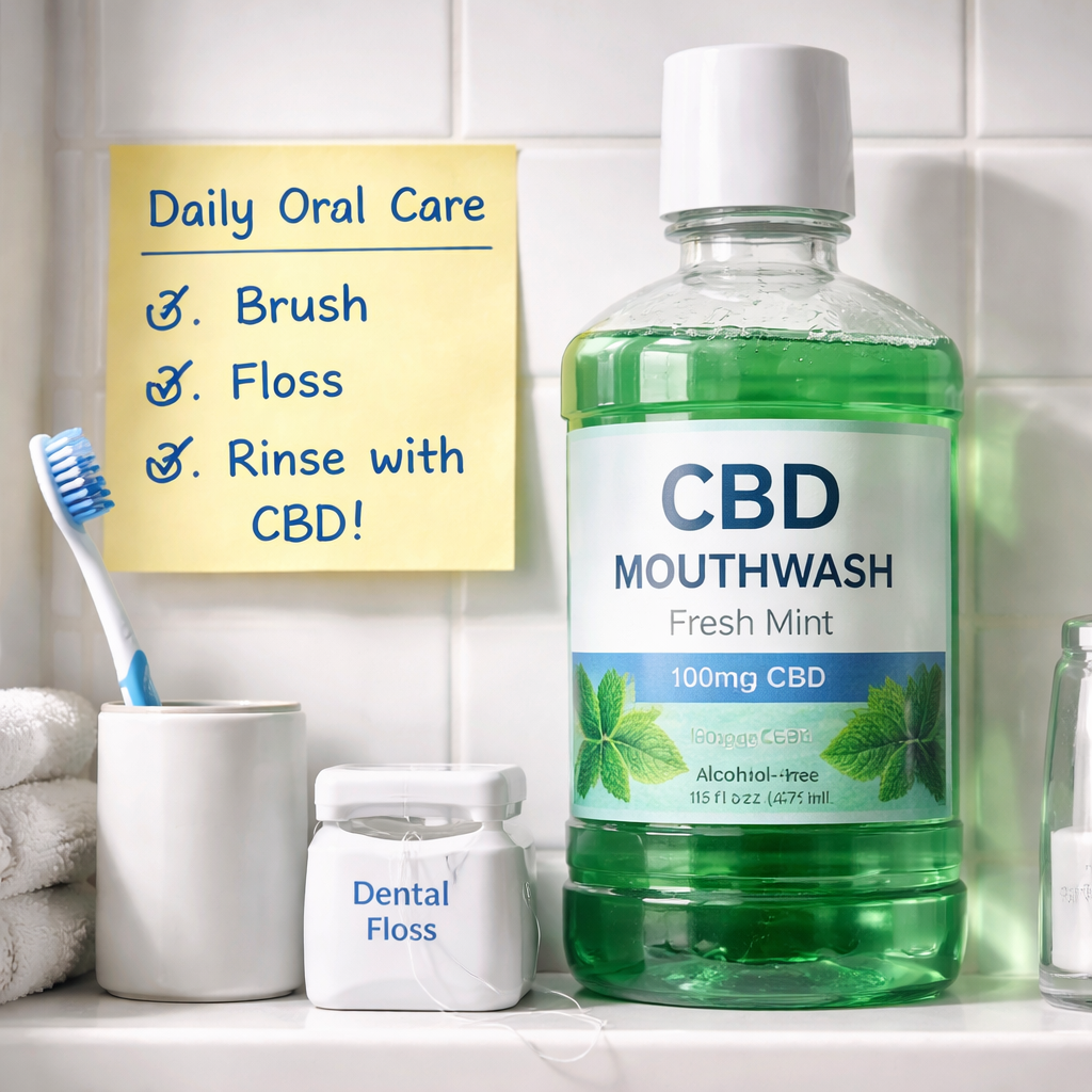 Daily oral care routine with CBD mouthwash for fresh breath