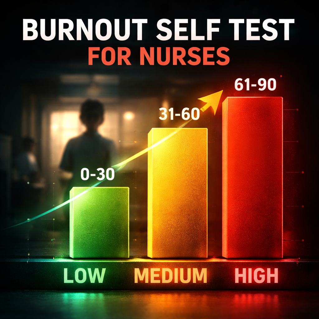 A cinematic style bar chart showing low, medium, and high burnout zones for nurses, alt: burnout self test for nurses sc