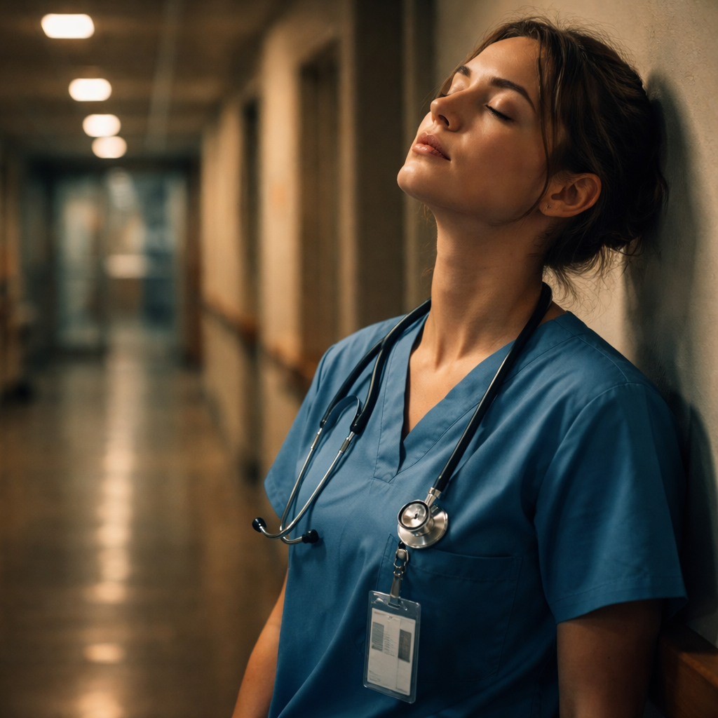 A cinematic style image of a nurse taking a short breathing break in a quiet hallway, alt: quick stress relief for nurse