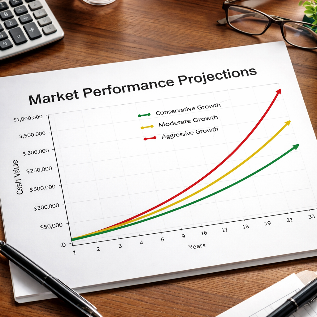 IUL cash value calculator market performance assumptions chart showing different growth scenarios.