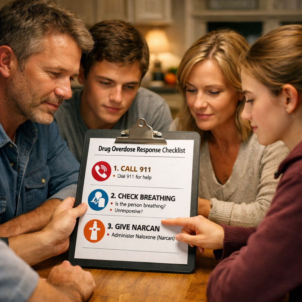 Family reviewing a drug overdose checklist PDF together at home.