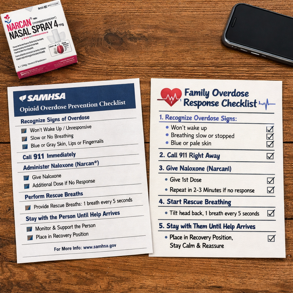 Comparison of two free family drug overdose checklist PDFs on a table.