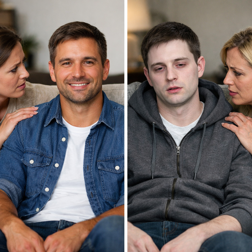 Comparison of normal person and person showing signs of opioid overdose: pale skin and pinpoint pupils.