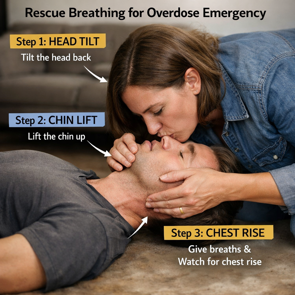 Step-by-step rescue breathing technique for overdose emergency.