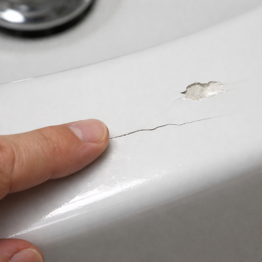 Assessing a cracked bathtub surface by running a finger over a hairline crack.