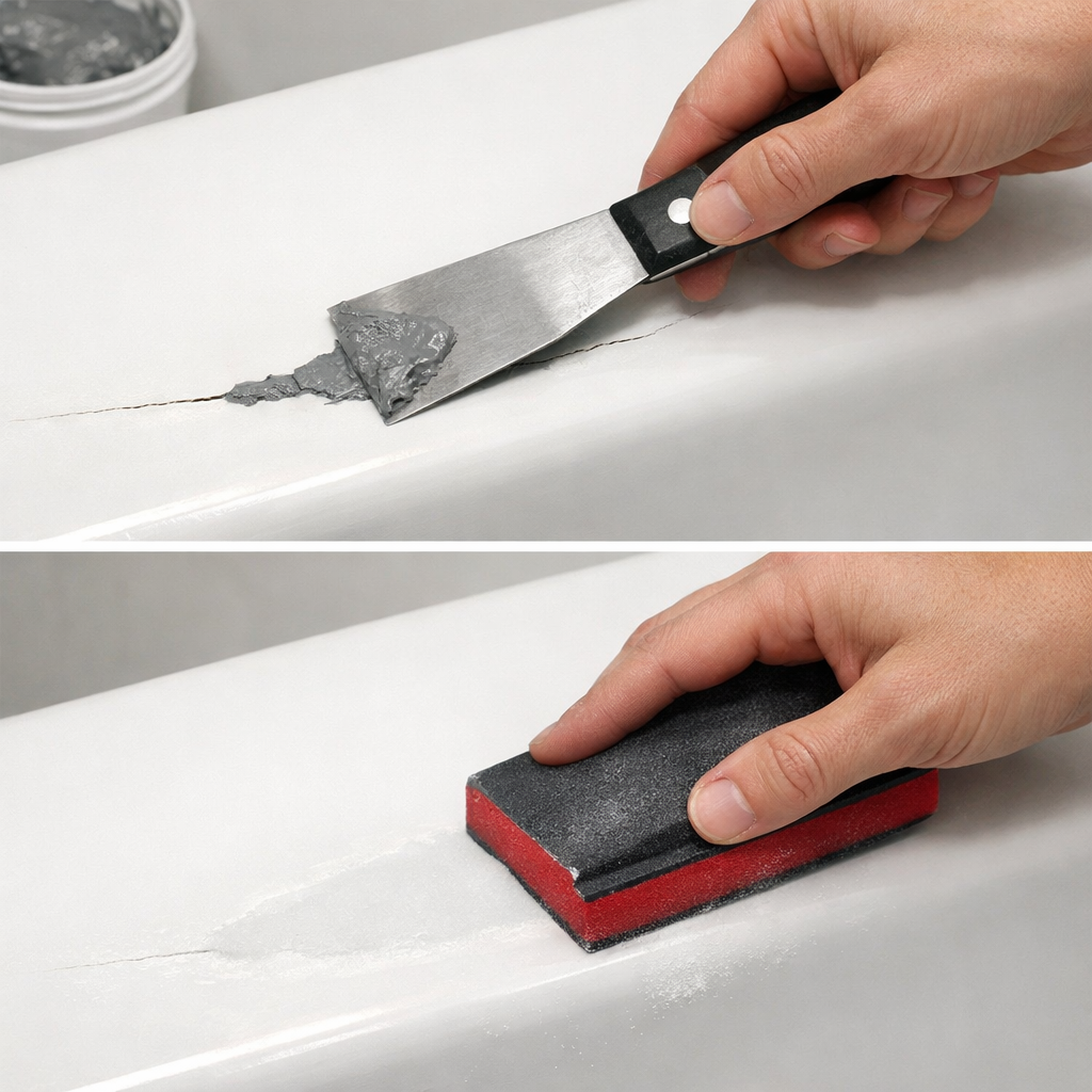 Repairing a cracked bathtub surface by applying epoxy filler and sanding smooth.