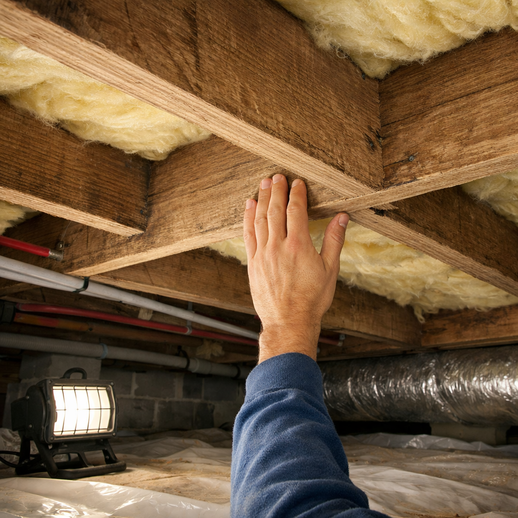 Crawlspace access to floor joists for fixing squeaky floor joist DIY repair.