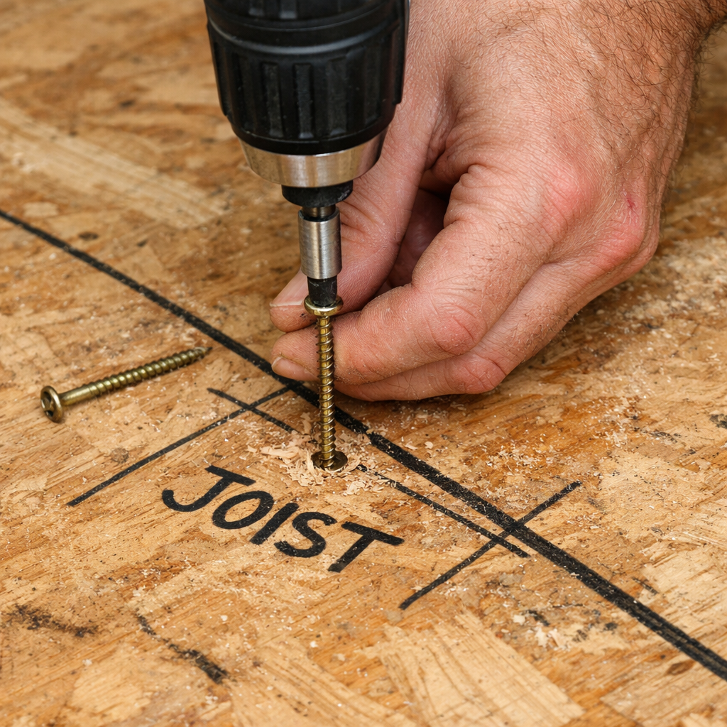 Using screws to fix squeaky floor joist subfloor from above DIY.