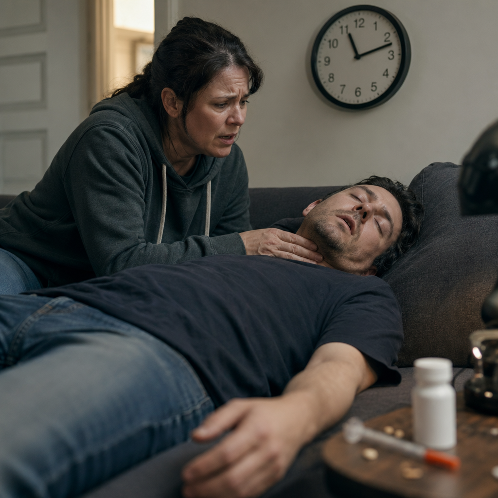 Family member recognizing overdose signs like shallow breathing and unresponsiveness.
