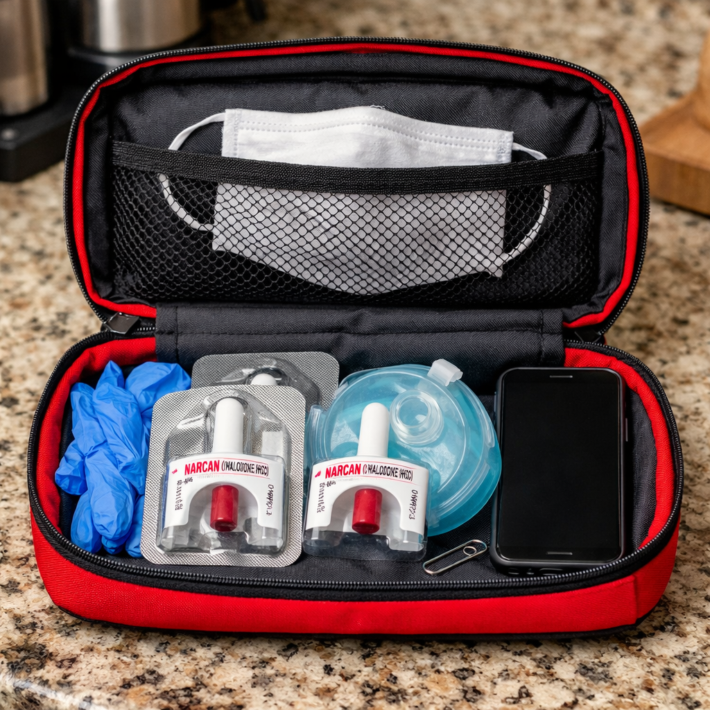 Overdose emergency kit with naloxone, gloves, mask, and phone.