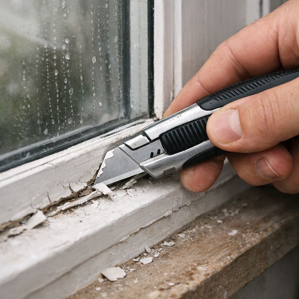 cutting old window seal caulk with utility knife during how to fix a leaking window seal repair.