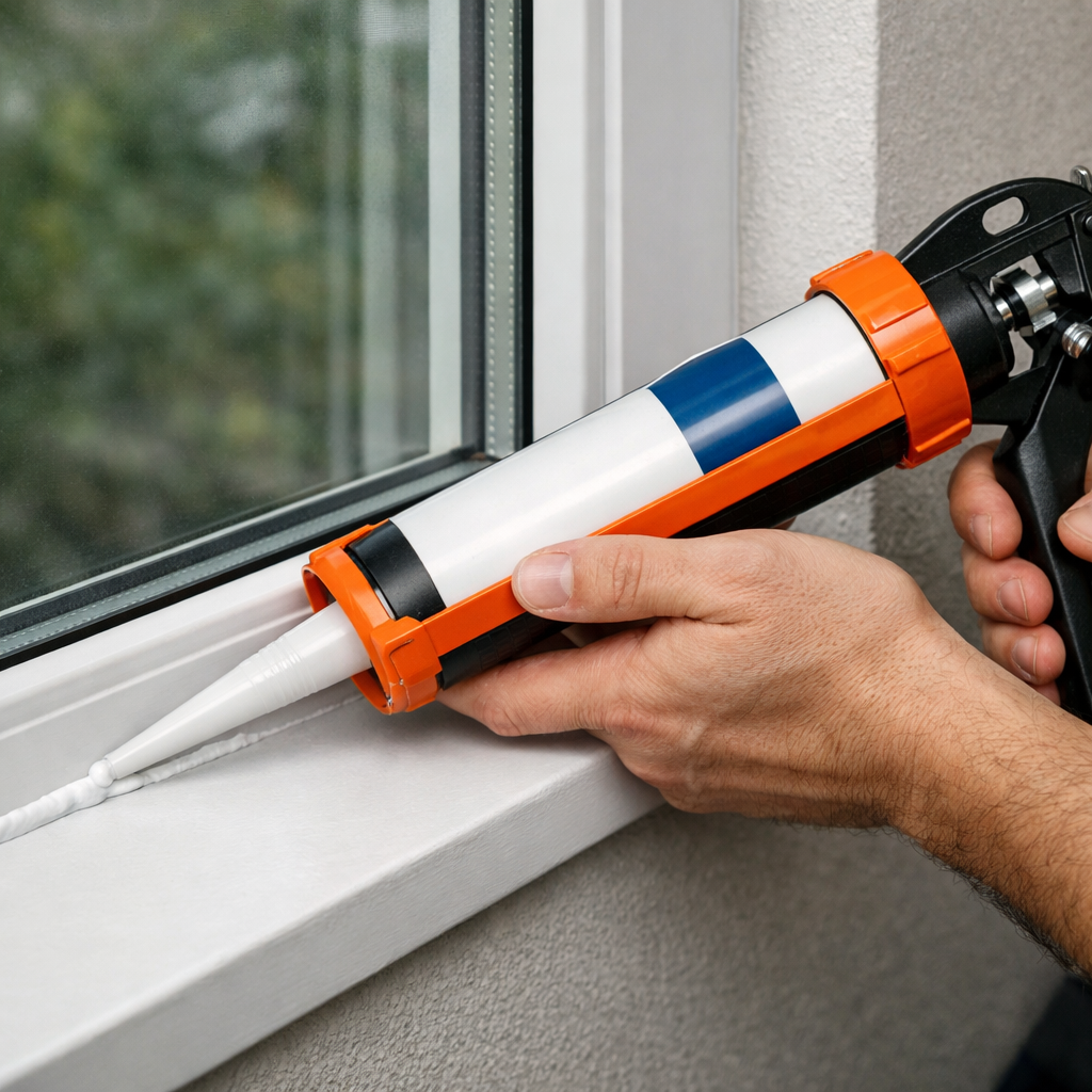 applying new silicone sealant to window frame during a window seal repair.