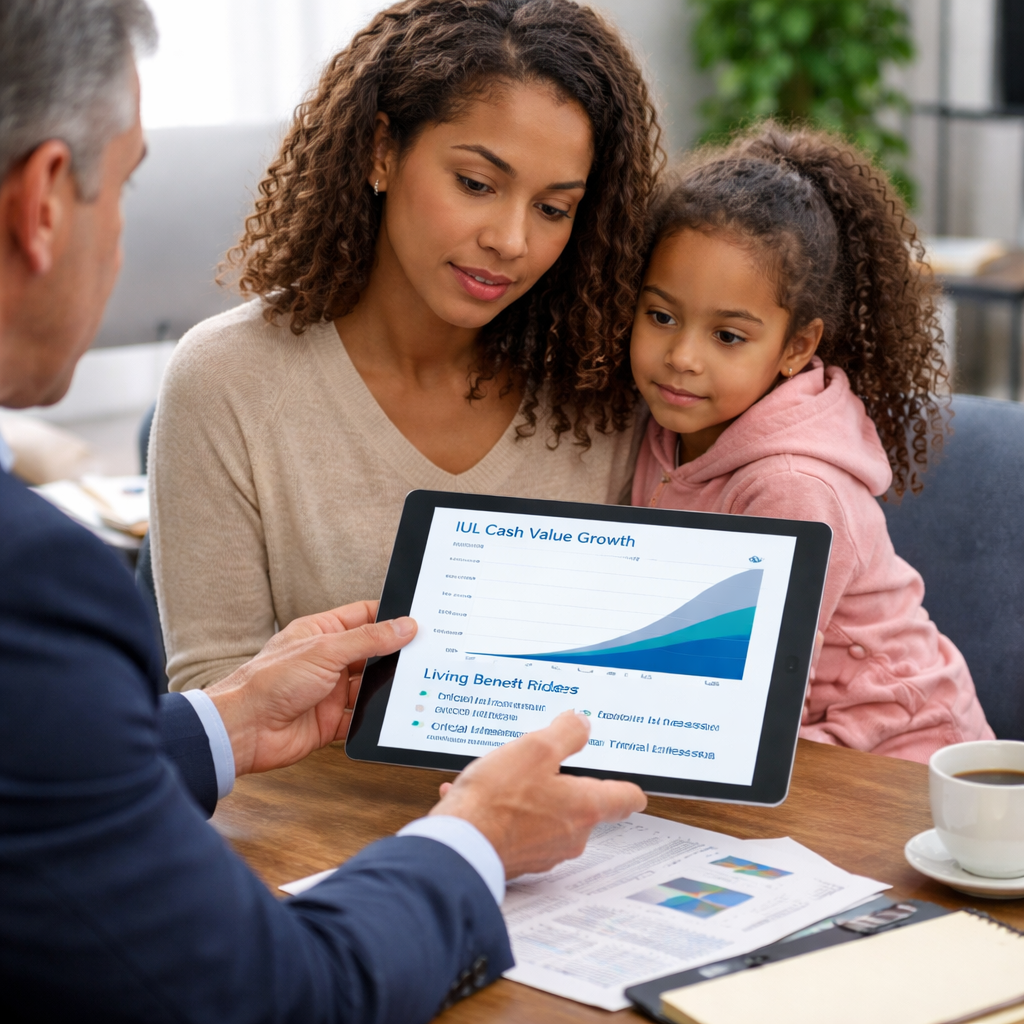 single parent reviewing IUL growth and rider choices