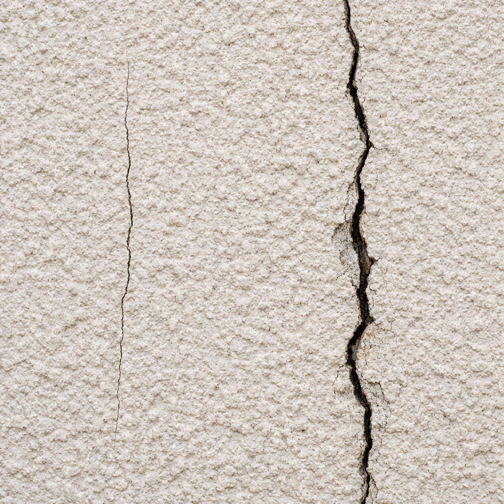 comparison of hairline and wide stucco cracks for repair assessment.