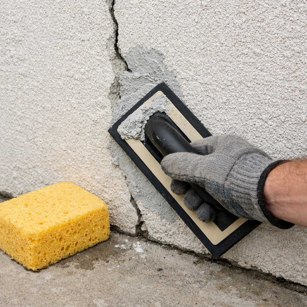 applying stucco patch to a wide exterior crack with a rubber float.
