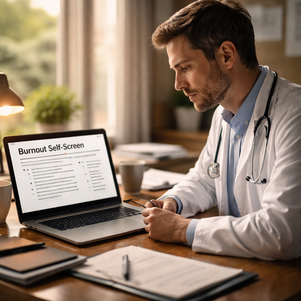 A cinematic scene of a clinician sitting at a desk, laptop open to a burnout self‑screen PDF, soft natural light streami