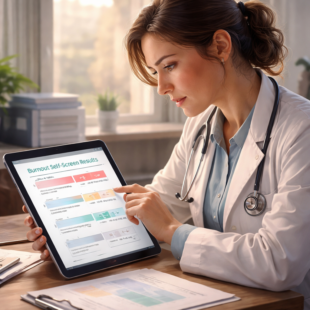 A cinematic illustration of a clinician reviewing a score chart on a tablet, charts in soft colors, focused expression,