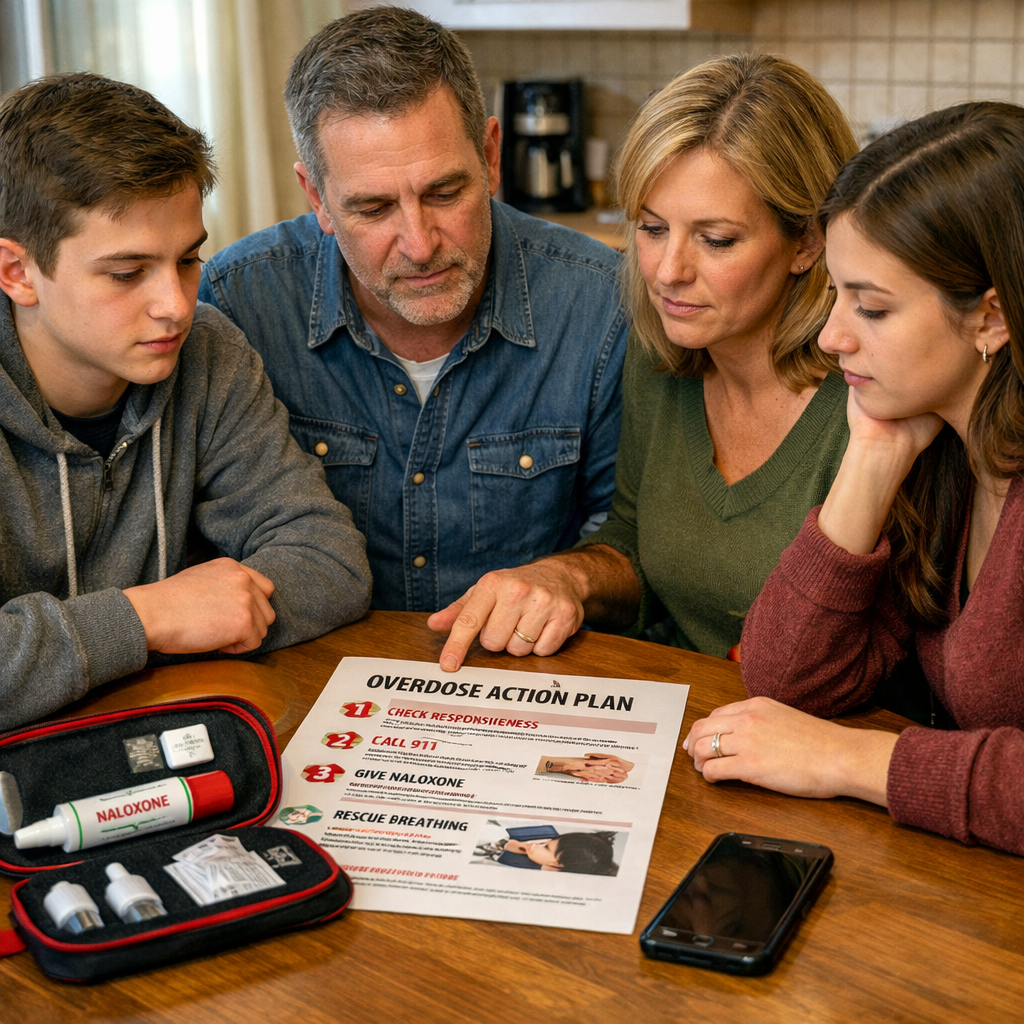 A realistic illustration of a family gathered around a kitchen table with a naloxone kit, a phone, and a printed overdos