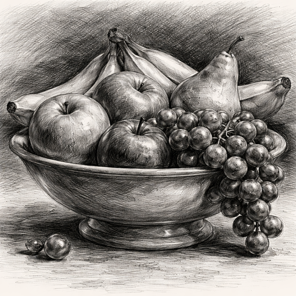 difference between graphite and charcoal pencils for shading in a fruit bowl sketch.
