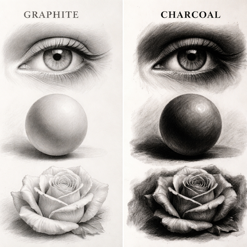 side‑by‑side comparison of graphite and charcoal shading techniques.