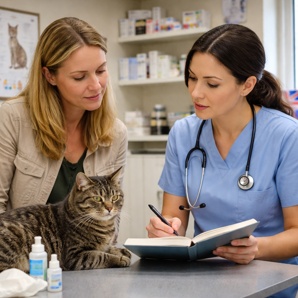 cat owner discussing allergy symptoms with vet