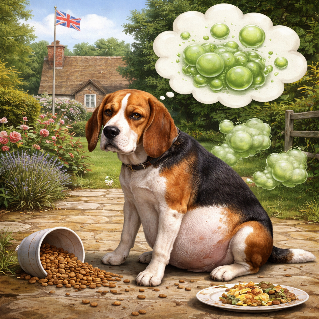 dog gas and bloating caused by food intolerance uk illustration