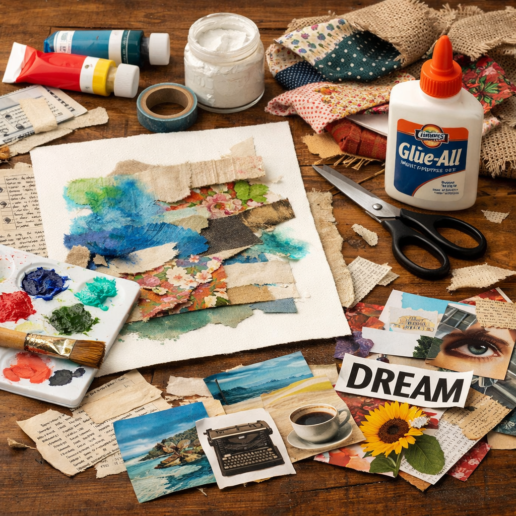 mixed media collage essential supplies laid out on a table