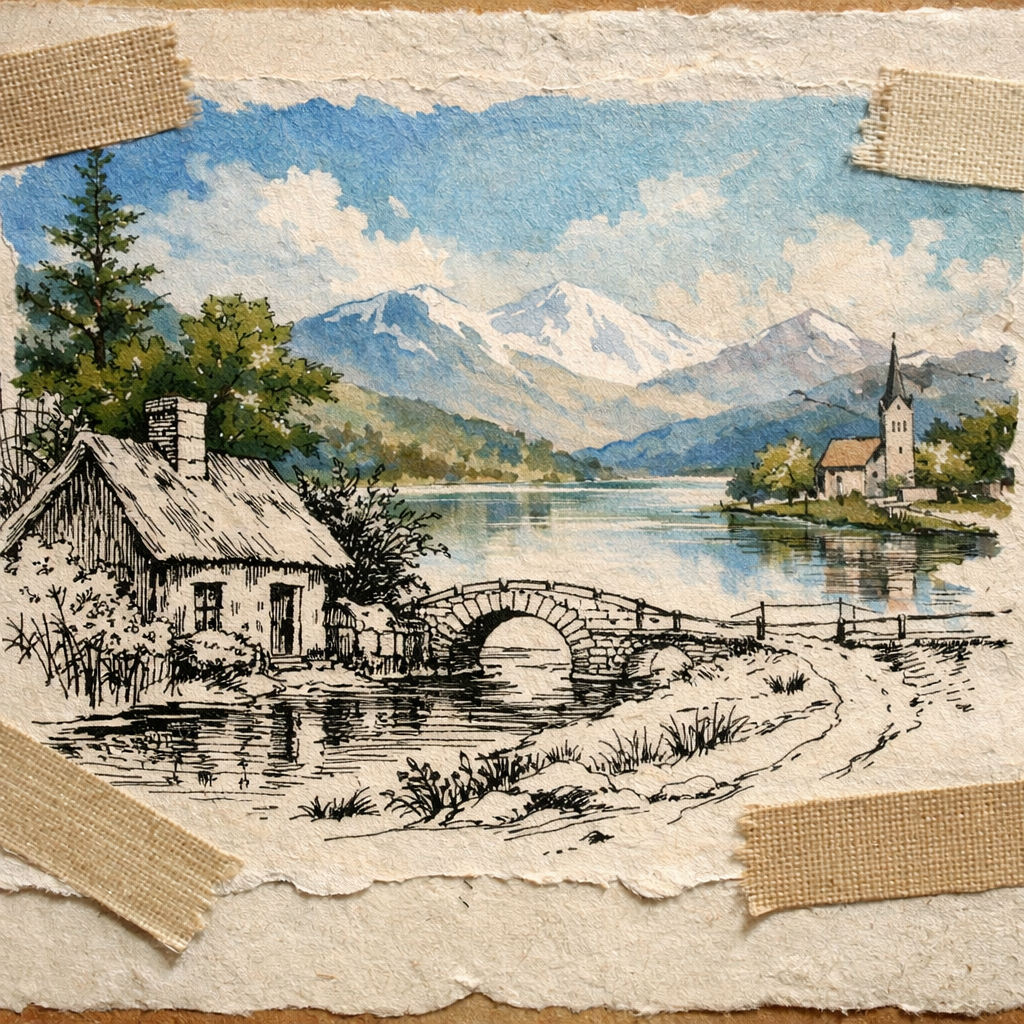 mixed media collage with paint, ink, and fabric tape creating depth