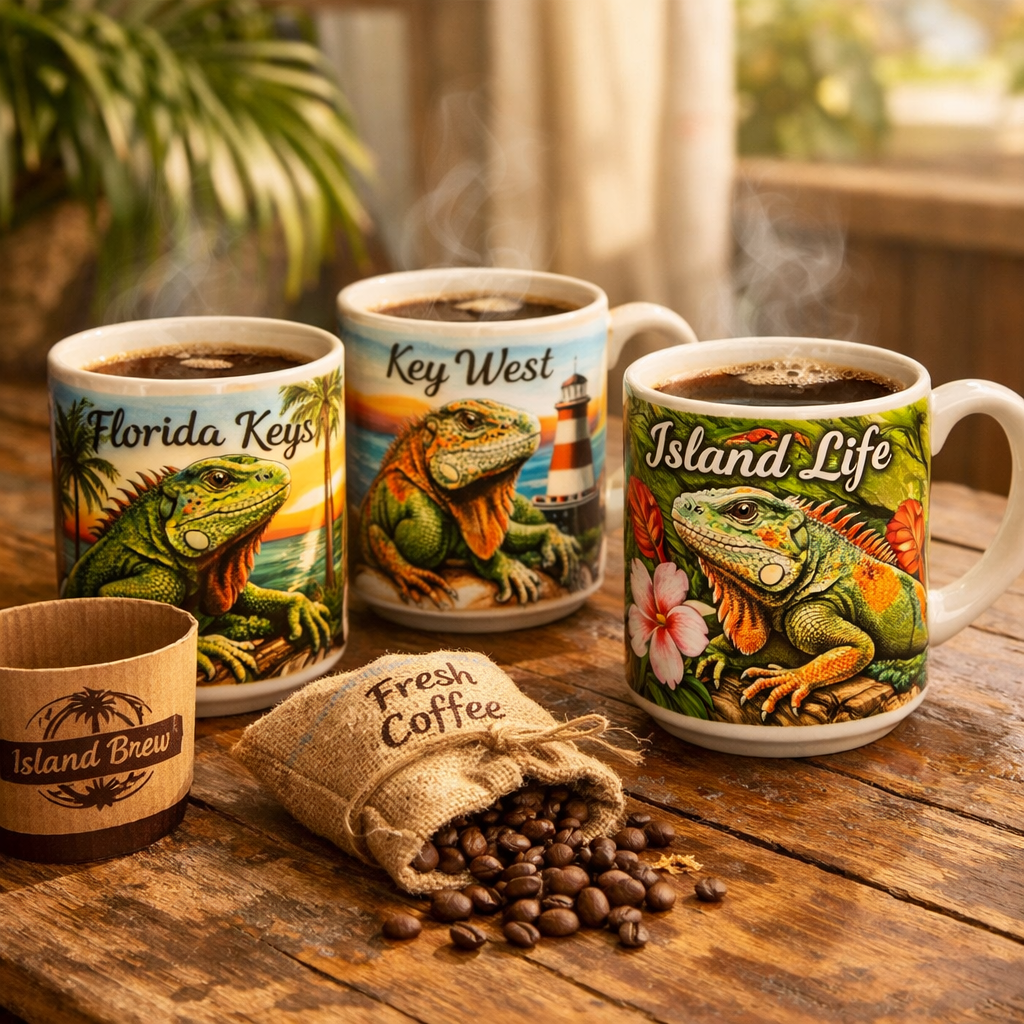 Ceramic iguana coffee mugs with Florida Keys themed designs.