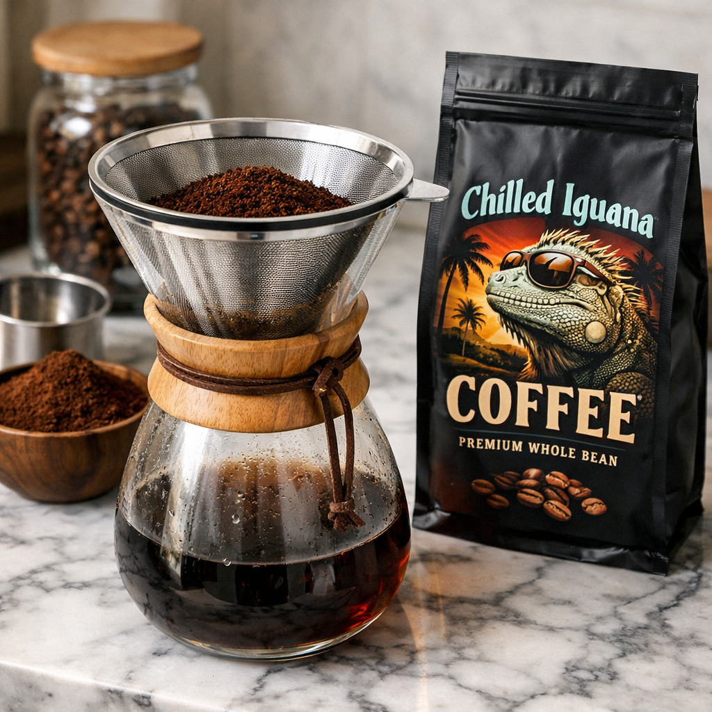 Coffee brewing starter kit with pour‑over carafe and iguana coffee beans.
