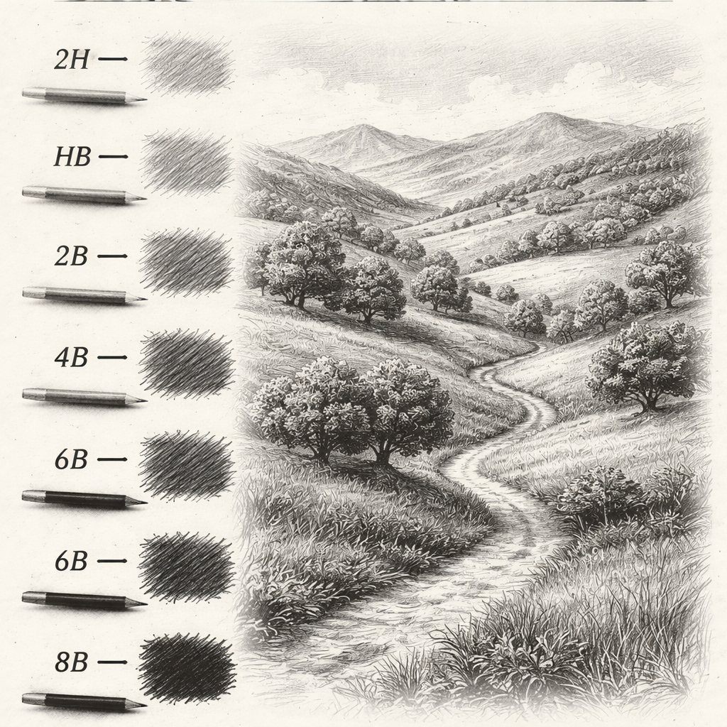 how to choose pencils for landscape drawing with grade examples