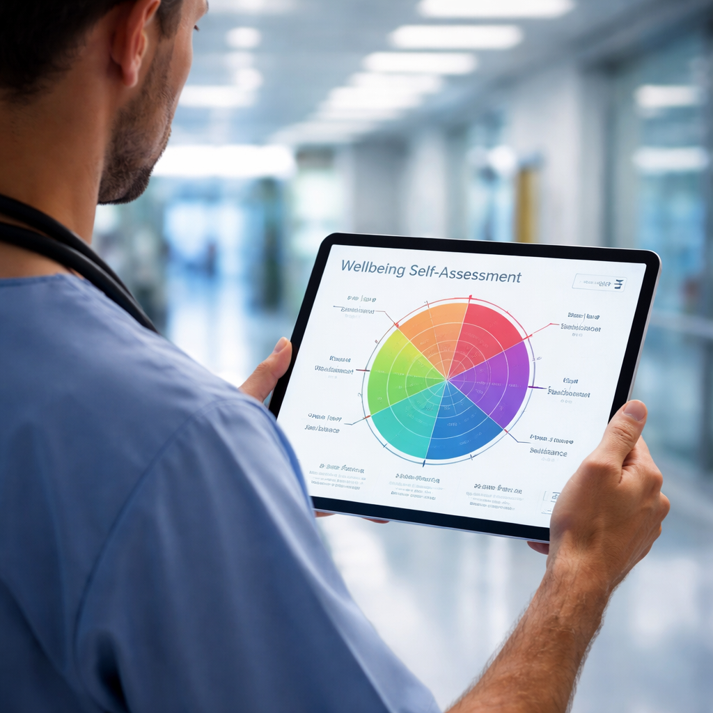 clinician wellbeing self assessment domains visualized on a digital dashboard.