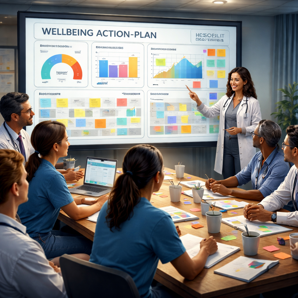 clinician wellbeing self assessment review session visualized in a collaborative setting.