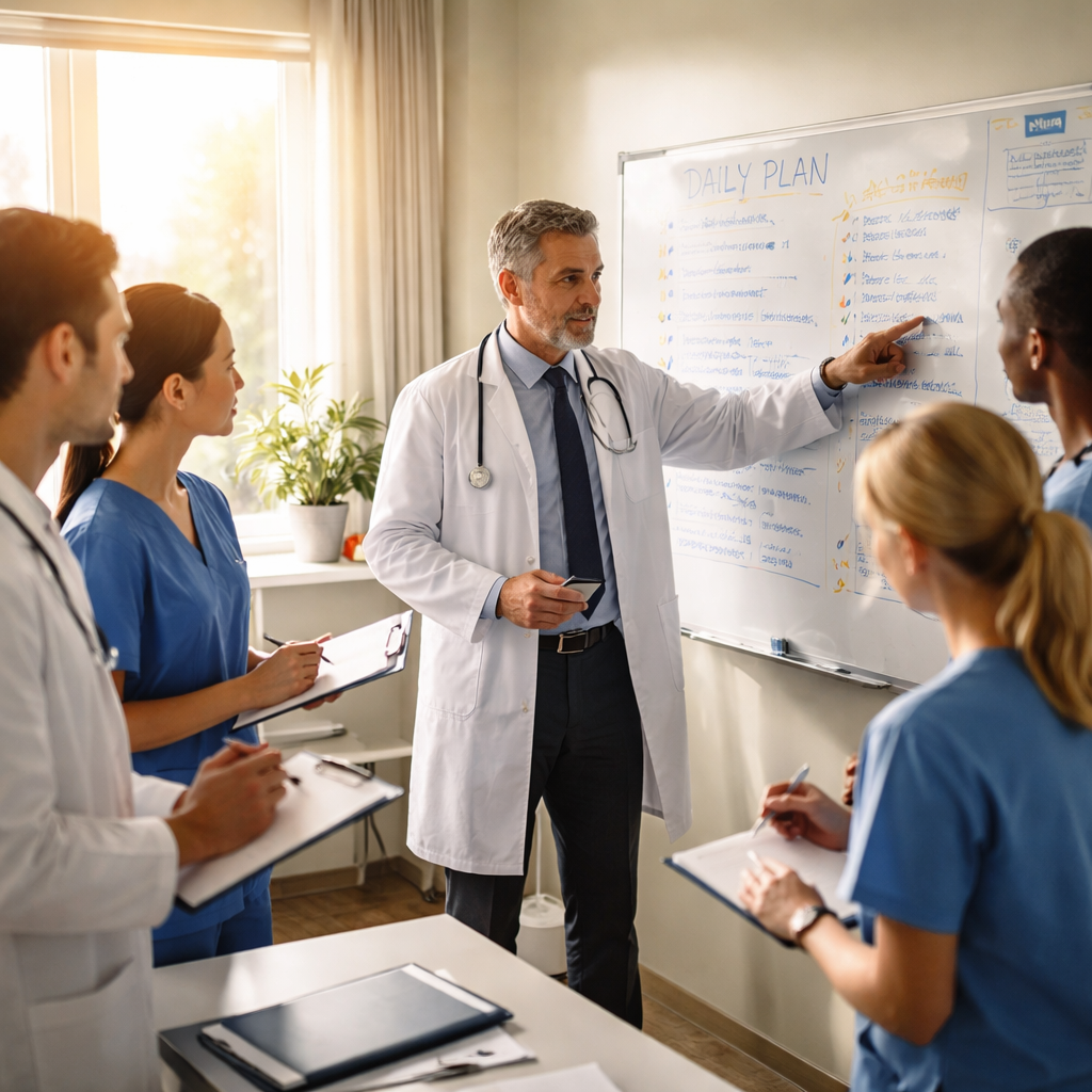 team huddle for workload stress reduction for doctors