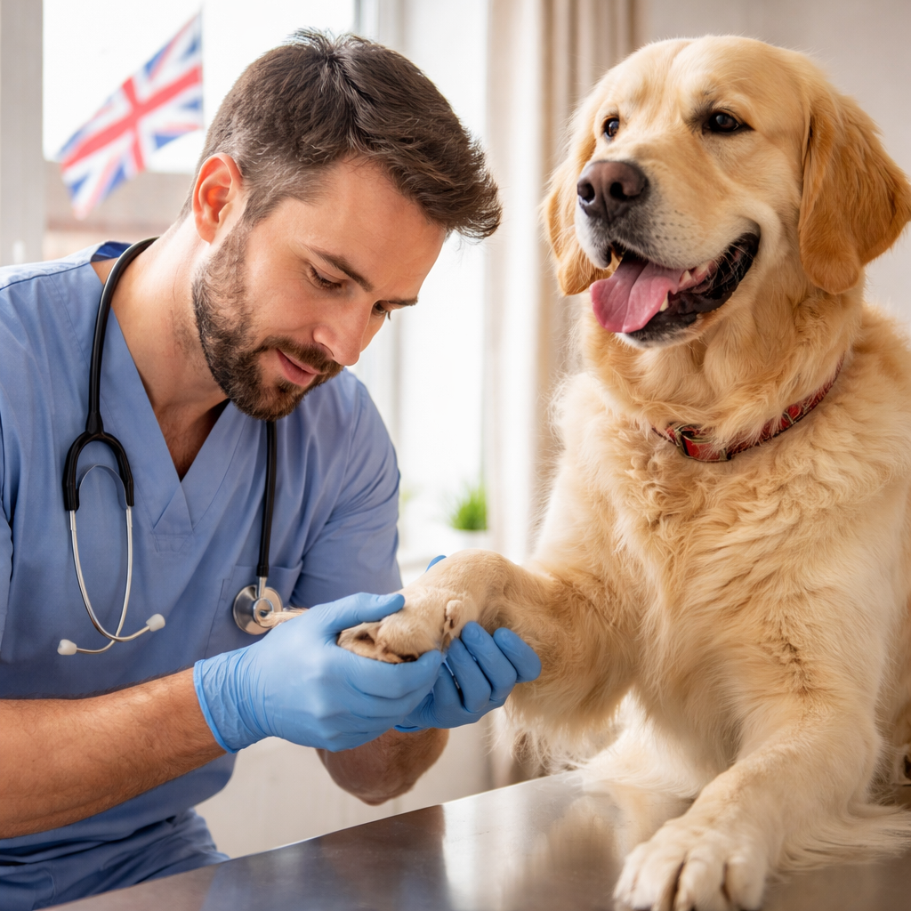vet checking dog paw itching after meals uk